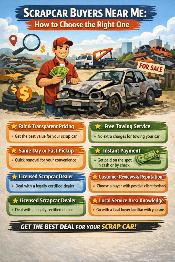 Illustrated infographic titled “Scrap Car Buyers Near Me: How to Choose the Right One” showing a damaged vehicle, a scrap car buyer holding cash, and a towing truck in a scrapyard. The graphic highlights key factors when choosing a scrap car buyer, including fair and transparent pricing, free towing service, same-day pickup, instant payment, licensed scrap car dealers, positive customer reviews, and local service area expertise.
