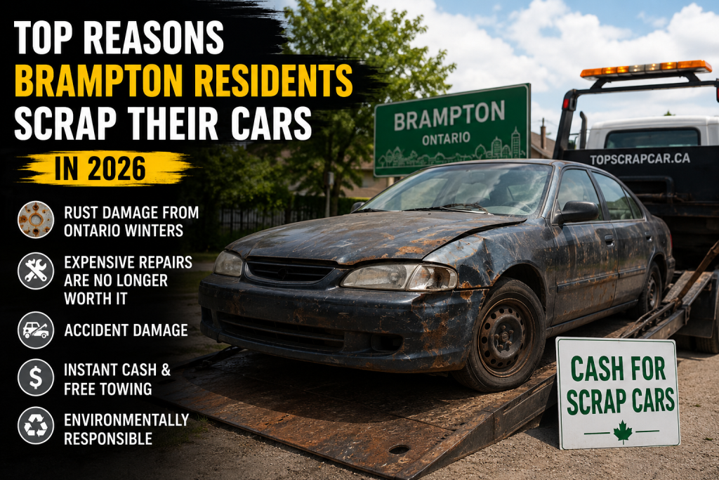 Damaged and rusted sedan loaded onto a tow truck in Brampton, Ontario, illustrating the top reasons Brampton residents scrap their cars in 2026. The image highlights common factors such as rust damage from Ontario winters, expensive repairs, accident damage, instant cash offers, free towing, and environmentally responsible vehicle recycling through a local scrap car removal service.