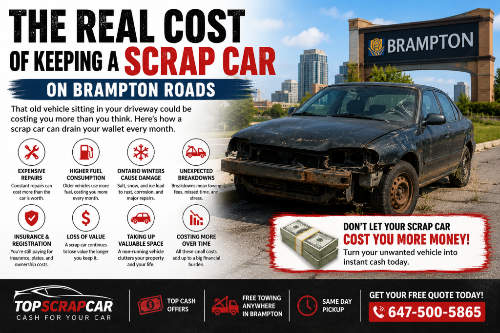 Infographic titled “The Real Cost of Keeping a Scrap Car on Brampton Roads” featuring a damaged, rusted black sedan parked near a Brampton sign. The graphic highlights the hidden costs of owning a scrap car, including expensive repairs, higher fuel consumption, winter damage, unexpected breakdowns, insurance costs, loss of value, and wasted space. A call-to-action encourages vehicle owners to turn their scrap car into cash. The bottom section displays TopScrapCar branding, free towing, same-day pickup, top cash offers, and a phone number for scrap car removal services in Brampton.