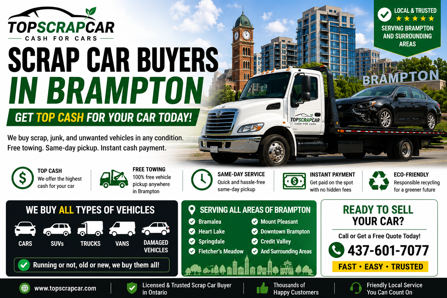 Cash for cars in Brampton with TopScrapCar offering free scrap car removal and instant payment.
