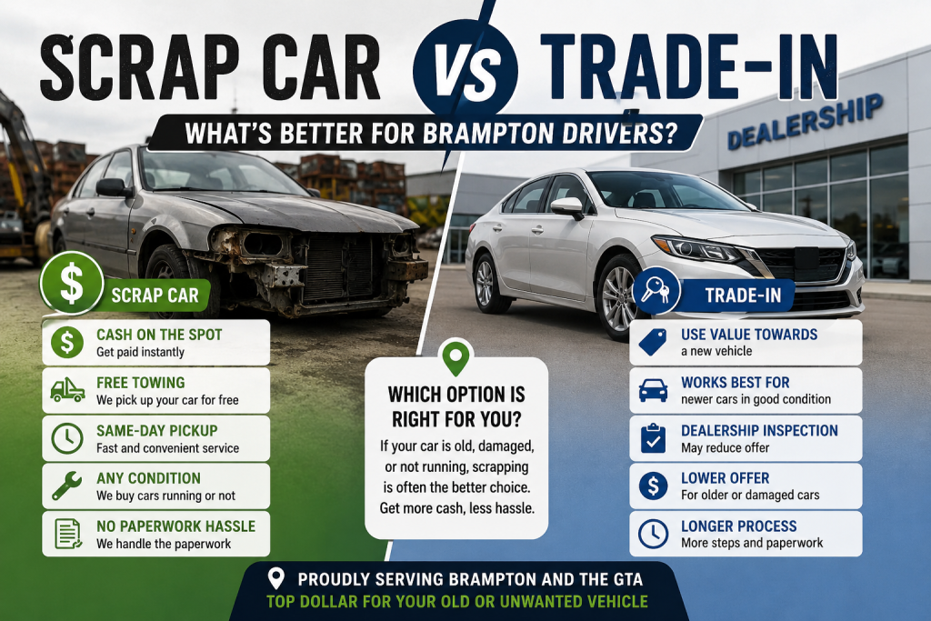 Scrap Car vs Trade-In comparison infographic for Brampton drivers showing the benefits of selling a scrap car versus trading in a vehicle. The image features a damaged scrap car on one side and a newer dealership vehicle on the other, highlighting cash on the spot, free towing, same-day pickup, and hassle-free service compared to dealership trade-in inspections and lower offers. Ideal for drivers looking to sell an old car in Brampton or searching for scrap car buyers near me.